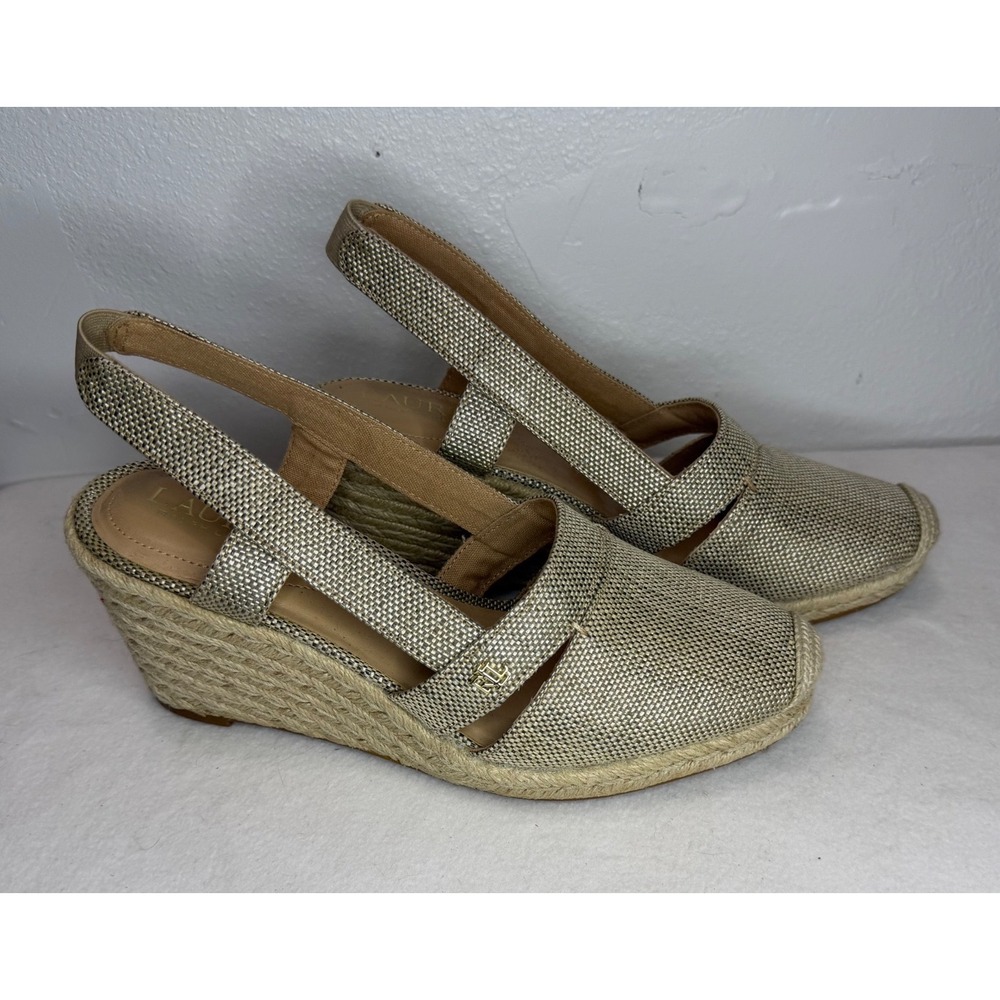 Lauren Ralph Lauren Penelope Espadrille Wedges Women 7.5B Gold Metallic Boho - Picture 2 of 11